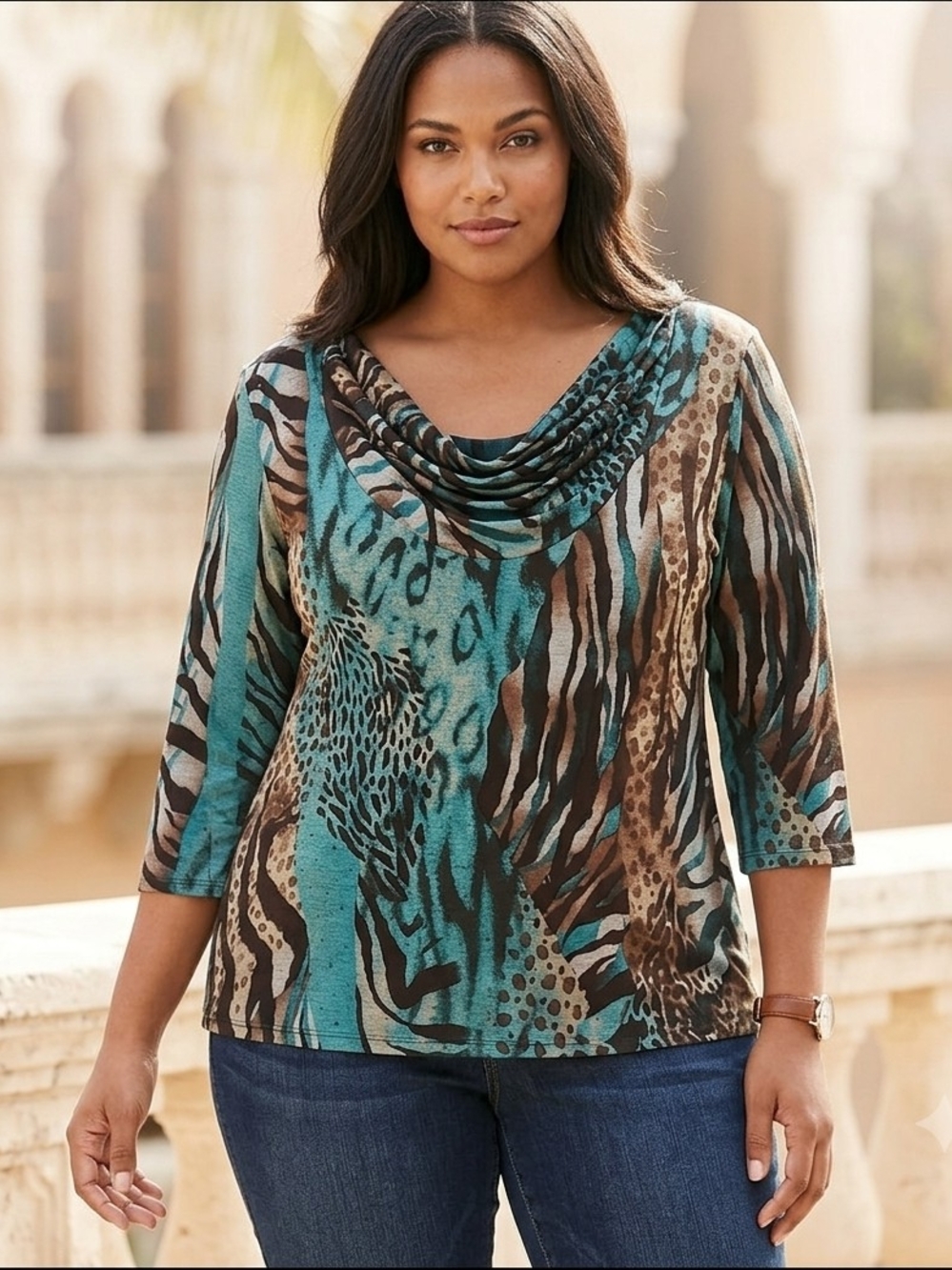 Dressbarn Chic Bohemian Teal & Brown Animal-Print Draped Neck Top Size L. WS 212